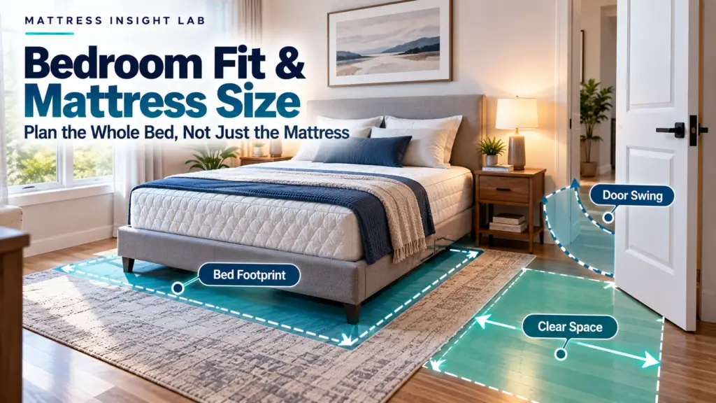 Bedroom layout showing a mattress and bed frame footprint with door swing and clear walking space for room-fit planning