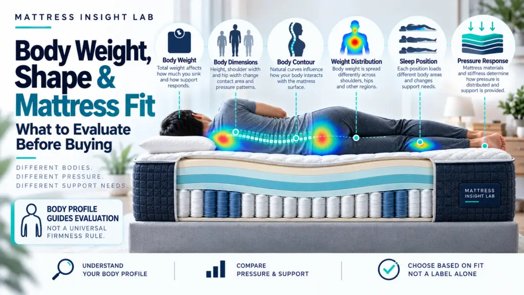 Body weight and body shape affecting mattress fit, with pressure distribution and support interaction shown on a cutaway mattress