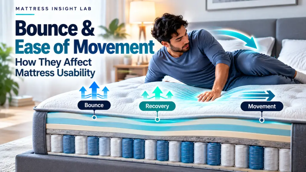Sleeper repositioning on a cutaway mattress with compression and recovery arrows illustrating bounce, recovery, and ease of movement