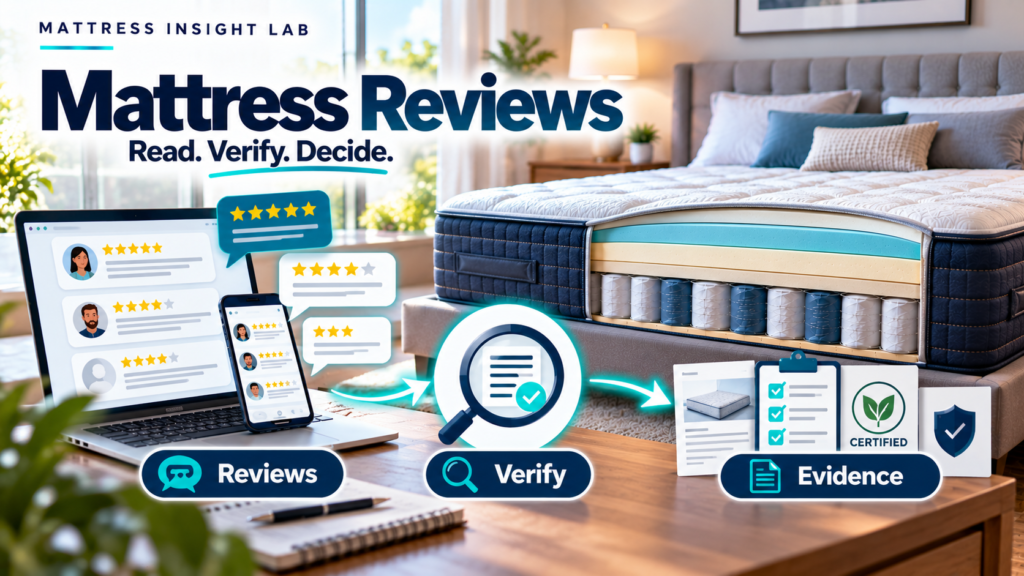 Mattress customer reviews shown beside a mattress with magnifying glass and verification icons for checking review claims
