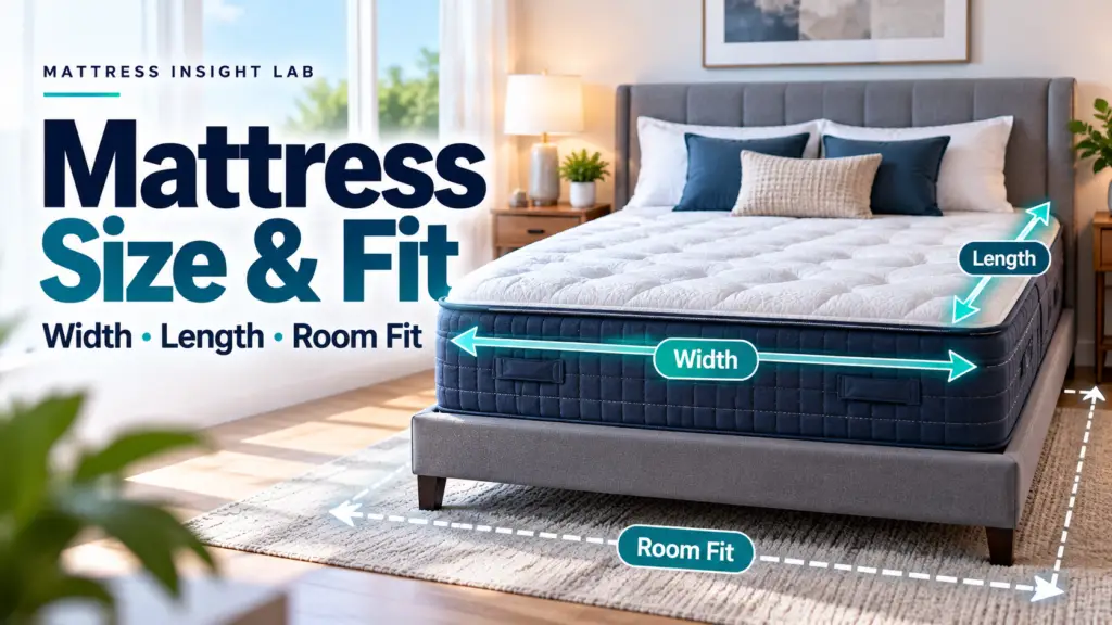 Mattress shown with width and length measurement arrows inside a bedroom to illustrate mattress size, space, and room fit