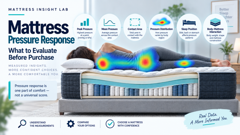 Mattress pressure response shown with a pressure map on a sleeper and cutaway mattress, highlighting peak pressure, mean pressure, contact area, and pressure distribution