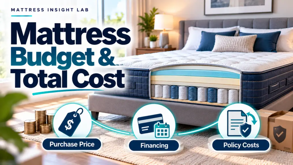 Mattress purchase budget shown with price, financing, and return-policy cost cues beside a modern mattress