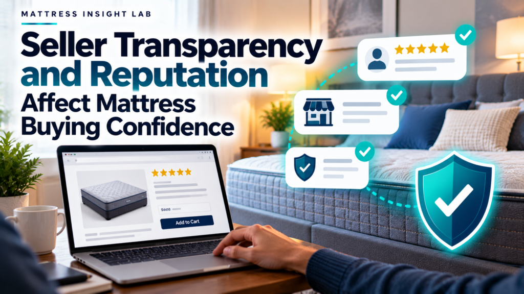 Mattress seller verification shown with product listing, written policy, review evidence, and trust-check icons beside a modern mattress