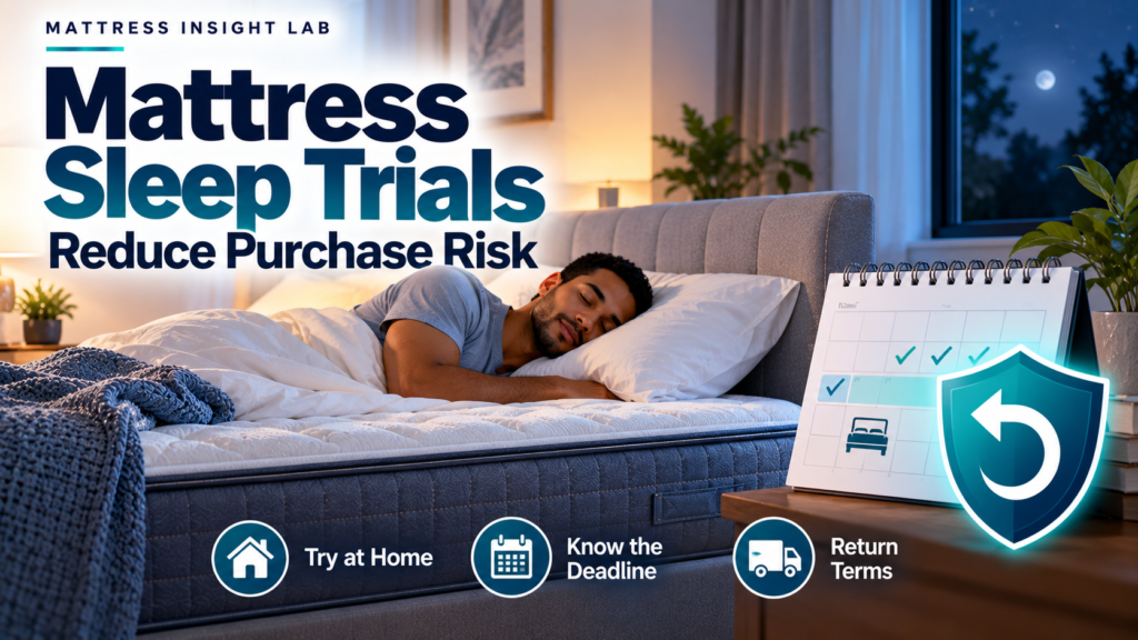Sleeper testing a mattress at home with calendar and return icons representing a mattress sleep trial