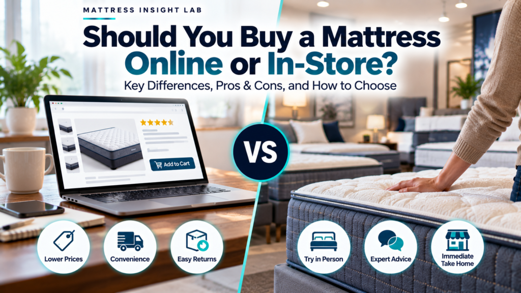 Online mattress research on a laptop beside in-store mattress testing in a showroom