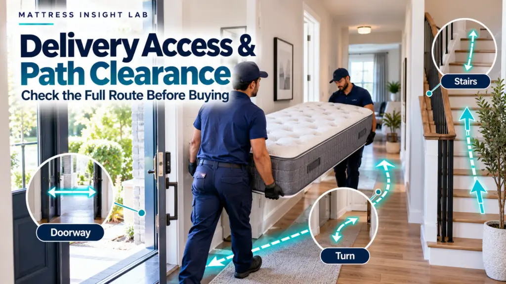 Mattress being carried through a doorway and hallway turn with delivery path, stair, and clearance checks