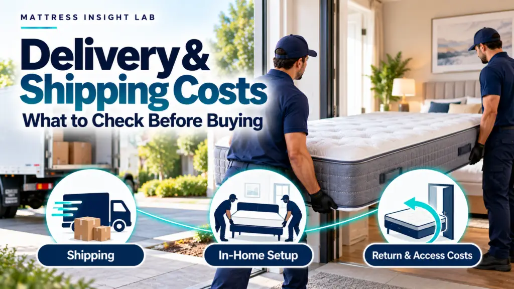 Mattress delivery truck and boxed mattress with shipping, in-home setup, and return-cost icons