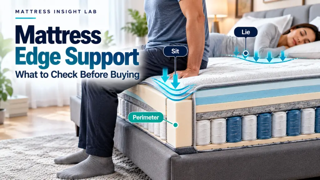 Person sitting on the reinforced edge of a cutaway mattress showing perimeter compression and edge support