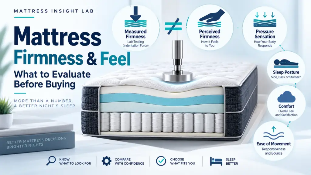 Mattress firmness and feel evaluation showing measured firmness, perceived firmness, pressure sensation, sleep posture, comfort, and movement