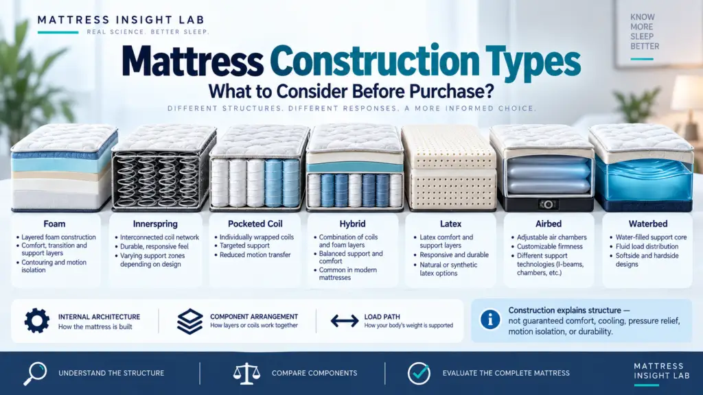 Mattress construction types shown in cutaway views, including foam, innerspring, pocketed coil, hybrid, latex, airbed, and waterbed