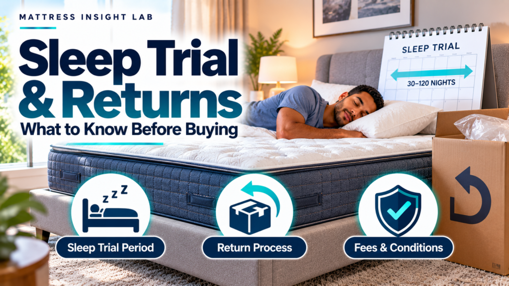 Mattress return and exchange policy shown with calendar, refund, and exchange icons beside a modern mattress
