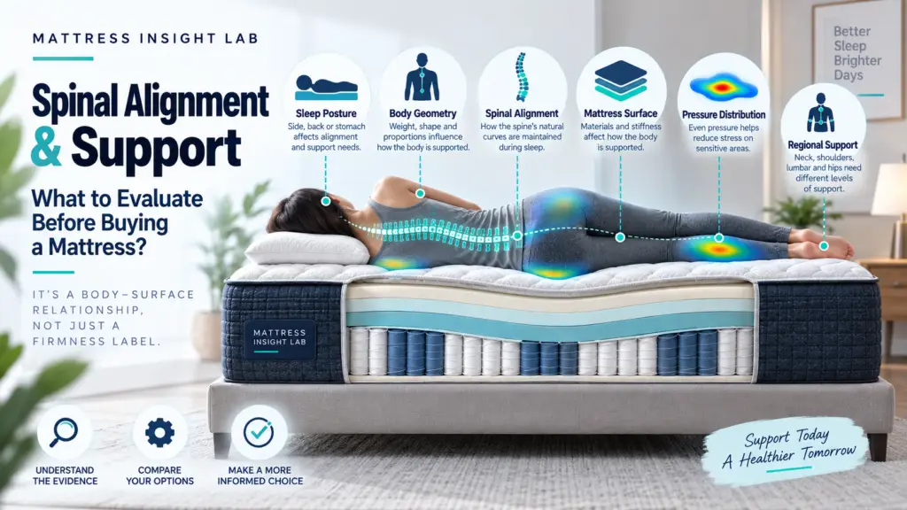 Spinal alignment and mattress support shown with a sleeper on a cutaway mattress, highlighting sleep posture, body geometry, regional support, and pressure distribution