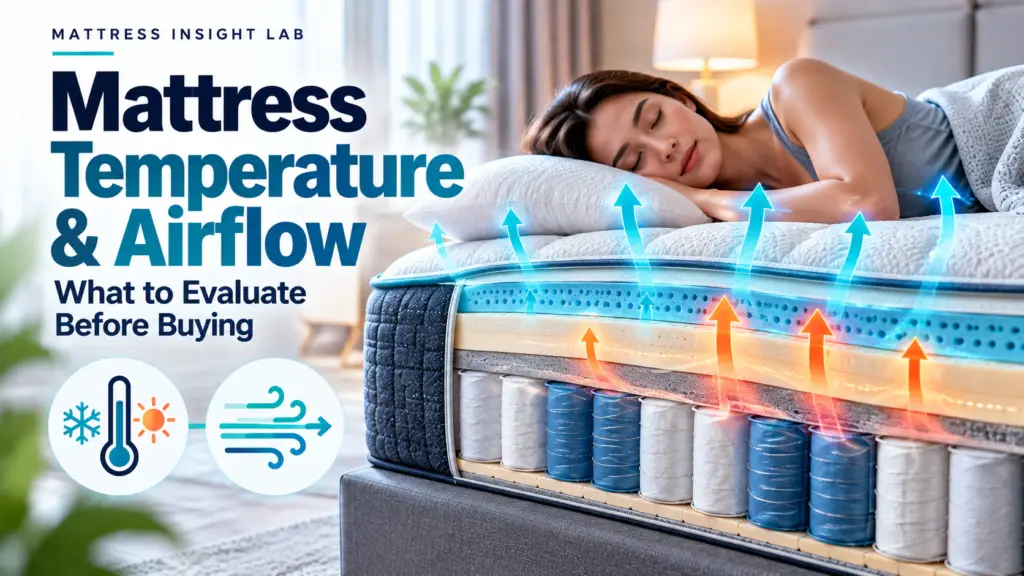 Sleeper on a cutaway mattress with airflow arrows and heat-transfer cues showing mattress temperature regulation, airflow, and moisture movement