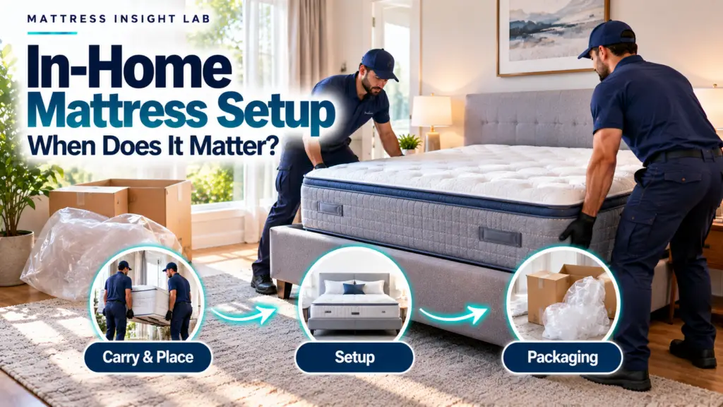 Delivery team setting up a mattress in a bedroom with carrying, positioning, and packaging-removal cues