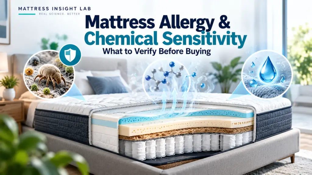 Cutaway mattress with visual symbols for allergens, VOC emissions, and moisture, illustrating allergy and chemical-sensitivity concerns to verify before buying.