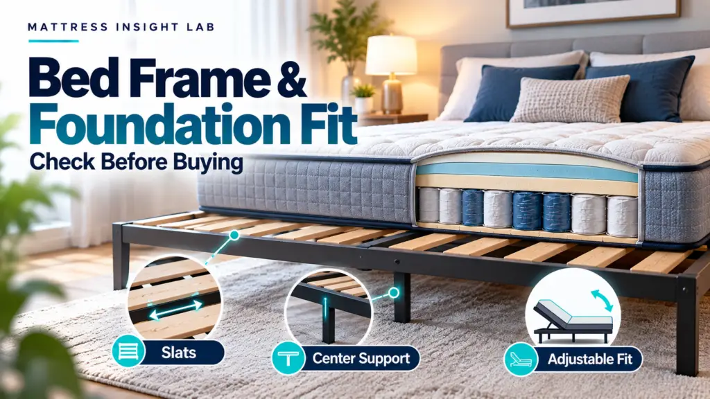 Mattress resting on a compatible slatted bed frame with center support and adjustable-base compatibility checks