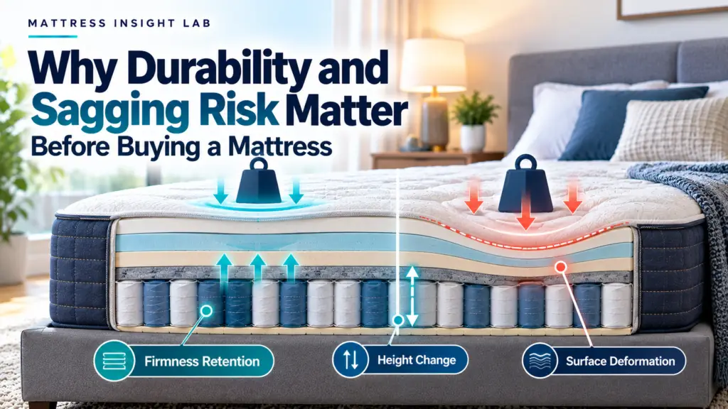 Mattress under repeated loading with visible surface compression and recovery cues illustrating durability and sagging risk