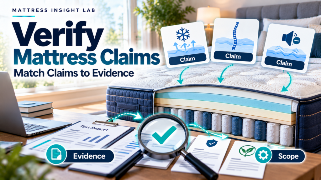 Mattress marketing claims being checked with a magnifying glass against testing, certification, and policy evidence beside a cutaway mattress
