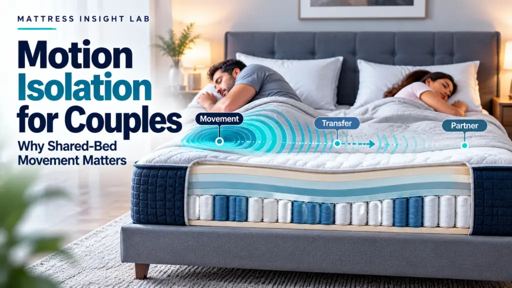 Two sleepers sharing a mattress with motion waves fading between them to illustrate mattress motion isolation