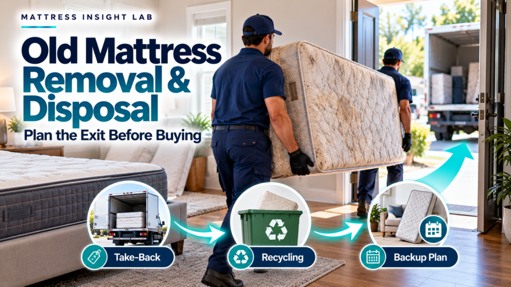Old mattress being removed from a bedroom with recycling, retailer take-back, and disposal destination cues