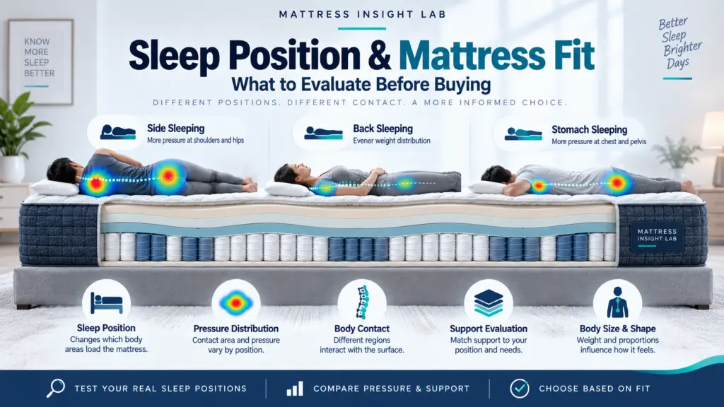 Side, back, and stomach sleeping positions shown on a mattress with different body contact and pressure patterns