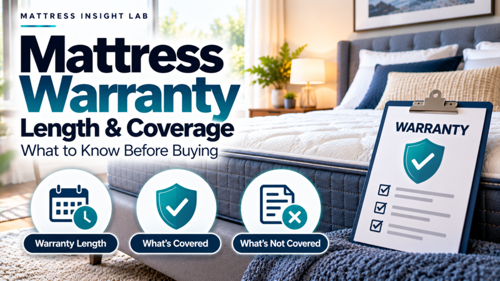 Cutaway mattress with warranty document, shield, indentation measurement, and cost icons illustrating mattress warranty coverage terms