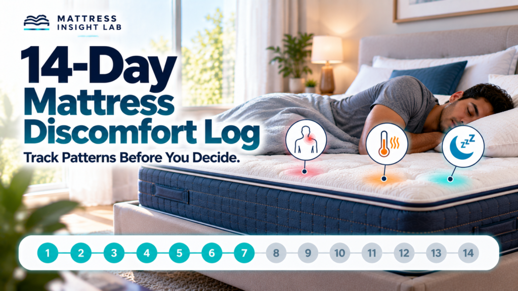Sleeper on a mattress with a 14-day tracker showing repeated discomfort, heat, pressure, and comfort patterns
