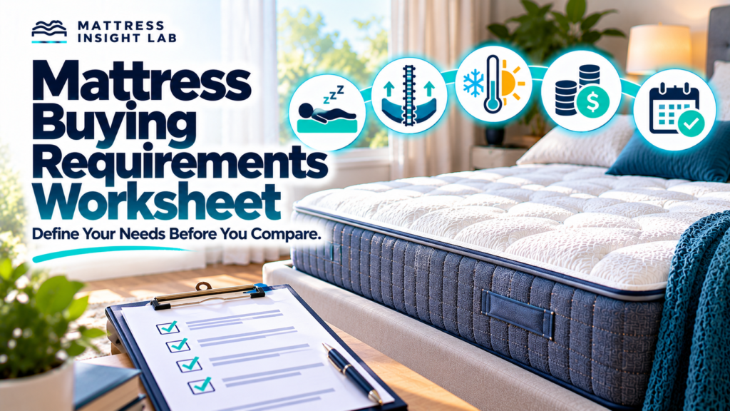 Mattress buying requirements worksheet with a mattress, checklist, and symbols for sleep profile, support, heat, budget, and return policy Title: Mattress Buying Requirements Worksheet Caption: Define your sleep profile, support and comfort needs, heat sensitivity, budget, and policy requirements before comparing mattresses. Description: Featured image for Mattress Insight Lab’s Mattress Buying Requirements Worksheet. The design shows a modern mattress beside a simplified buying checklist with visual cues for sleep profile, support, temperature needs, budget, and trial or return requirements, emphasizing that buyers should define their needs before comparing specific mattress models