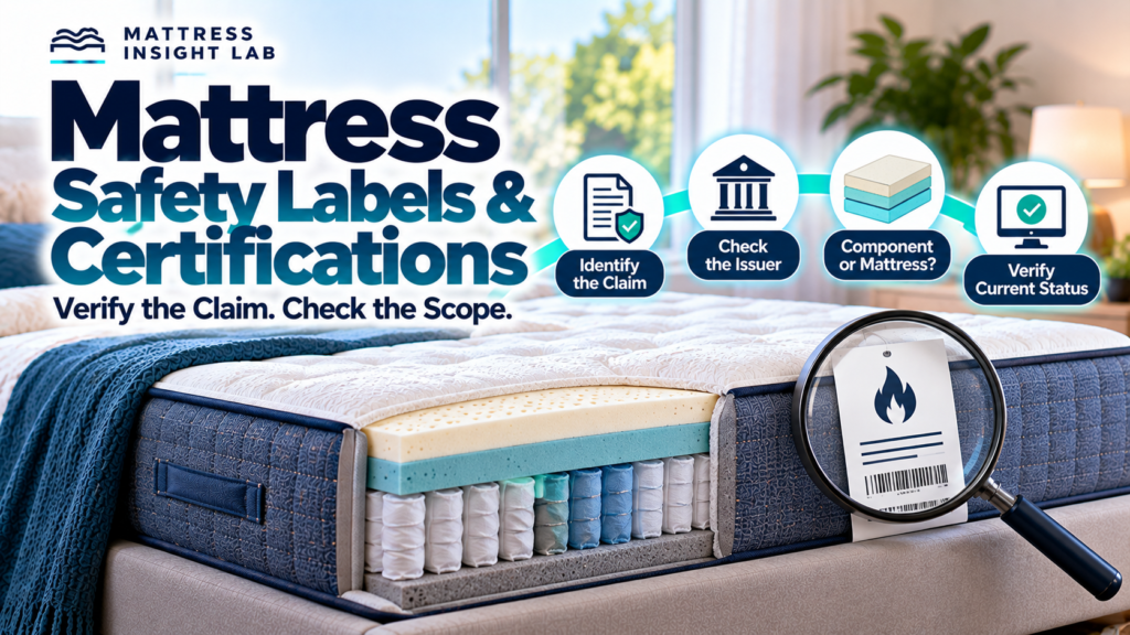 Mattress safety labels and certification records being verified by claim, issuer, scope, and current status beside a cutaway mattress