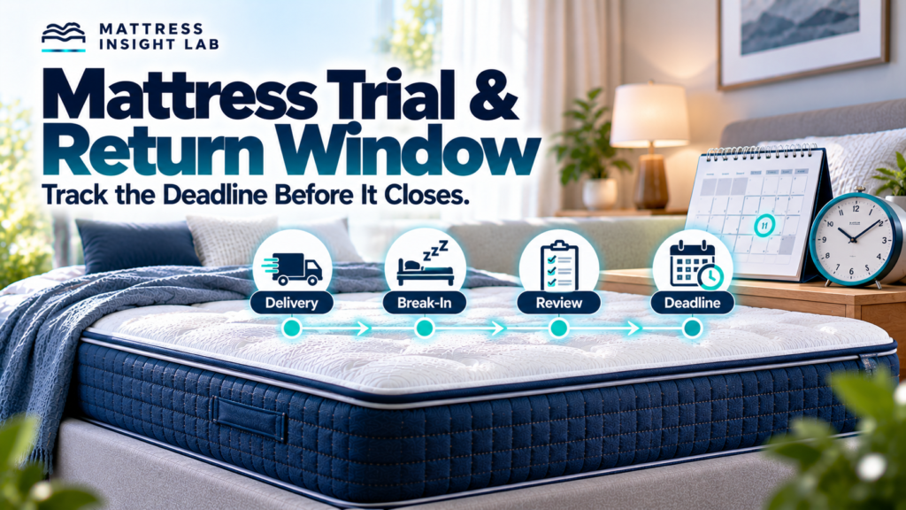 Mattress trial period tracker showing delivery, break-in, review, and return deadline milestones beside a modern mattress
