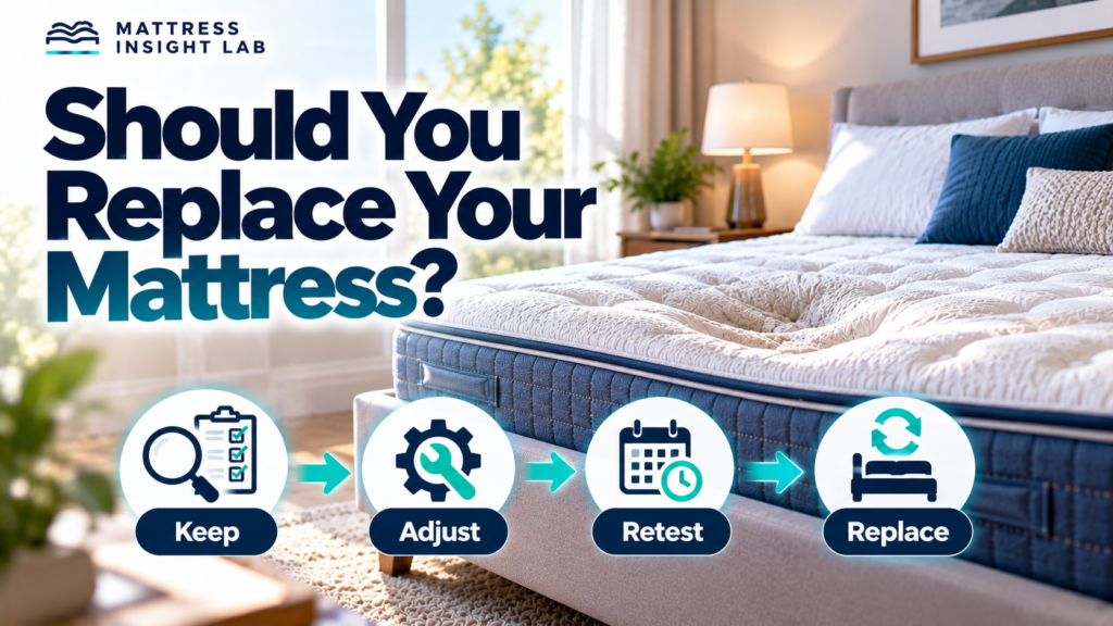 Mattress replacement decision checklist showing visible sagging, repeated discomfort, and adjustment checks beside a modern mattress
